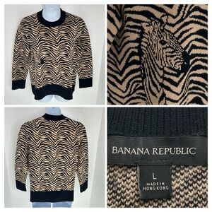 Banana Republic Pullover Sweater Black Brown Zebra Print Womens Size Large